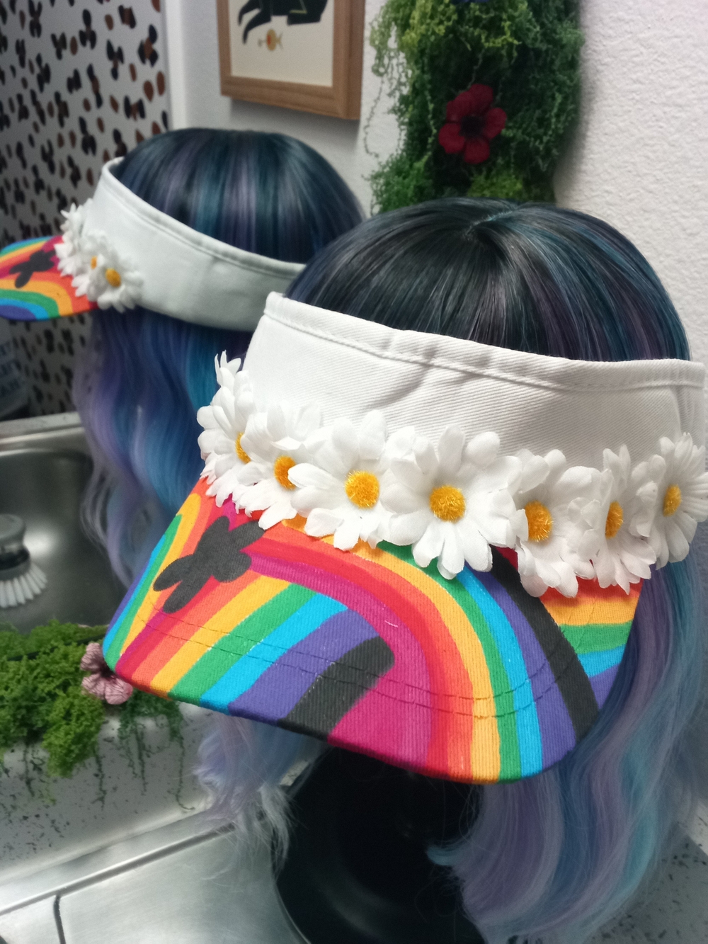 Rainbow Daisy Visor Hat with Floral Trim